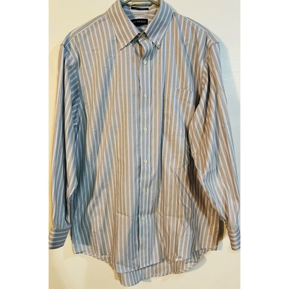 Lands' End Men's No Iron Pinpoint Shirt 16.5/33 Gray & Blue Stripes